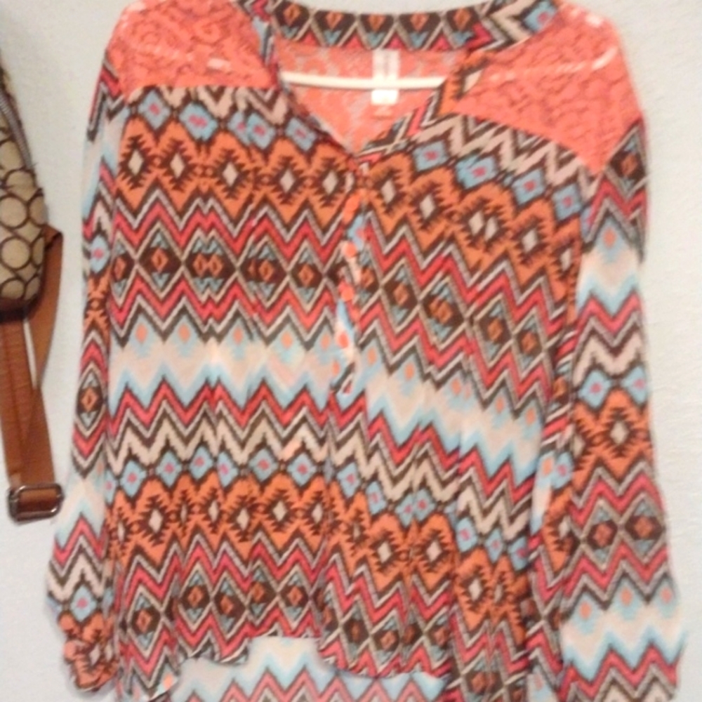 Pink brown and blue blouse L